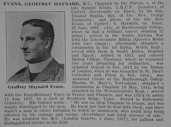 Evans G M Chaplain MC Army Chaplains Obit De Ruvignys Roll Of Honour Vol 3