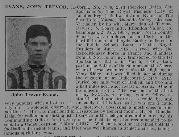 Evans J T L/Cpl 23rd Royal Fusiliers Obit De Ruvignys Roll Of Honour Vol 3