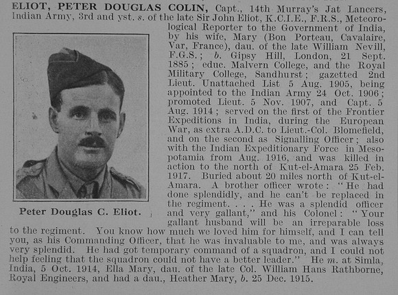 Eliot P D C Captain Indian Army Obit De Ruvignys Roll Of Honour Vol 3