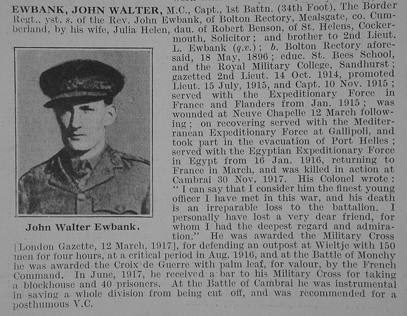 Ewbank J W Captain MC 1st Border Regiment Obit De Ruvignys Roll Of Honour Vol 3