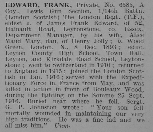 Edward F Pte 14th London Regiment Obit De Ruvignys Roll Of Honour Vol 3