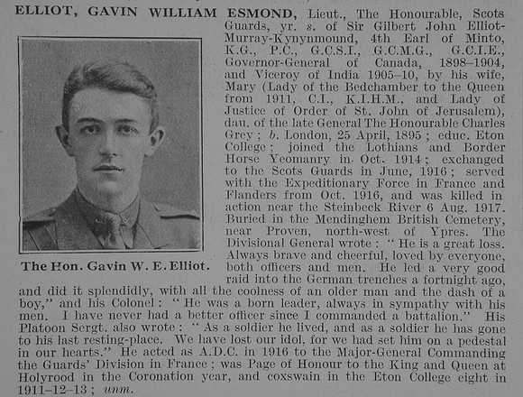 Elliot G W E Lt The Hon Scots Guards Obit De Ruvignys Roll Of Honour Vol 3