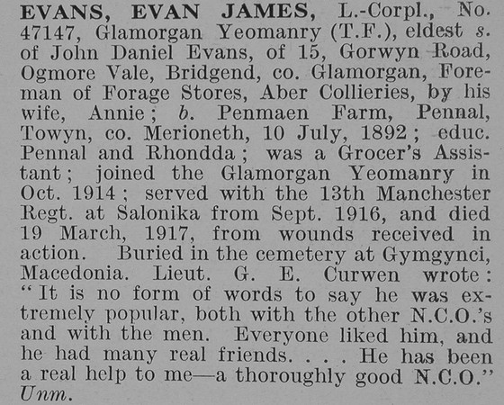 Evans E J L/Cpl Glamorgan Yeomanry Obit De Ruvignys Roll Of Honour Vol 3