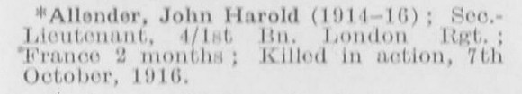 Allender J H 2nd Lt 1st London Regiment