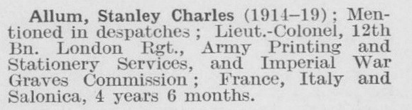 Allum S C Lt Col 12th London Regiment (LCC Staff Architect's Department)
