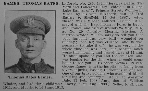Eames T B L/Cpl 13th York & Lancs Regiment Obit De Ruvignys Roll Of Honour Vol 3