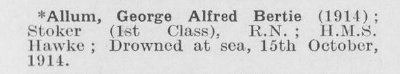 Allum G A B Stoker 1st Class HMS Hawke Royal Navy LCC Staff Dartford Pumping Station