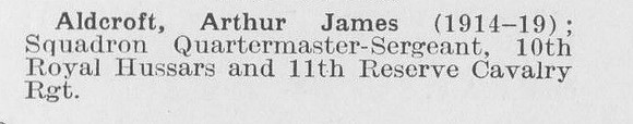 Aldcroft A J Squad Qtr Mst Sergt (LCC Temporary Staff) 10th Royal Hussars