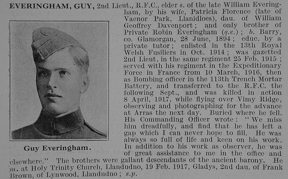 Everingham G 2nd Lt Royal Flying Corps Obit De Ruvugnys Roll Of Honour Vol 3