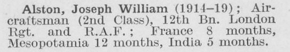Alston J W Aircraftsman 2nd Class Royal Air Force (LCC Staff Architect's Department)