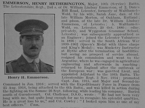 Emmerson H H Major 10th Leicestershire Regiment Obit De Ruvignys Roll Of Honour Vol 3