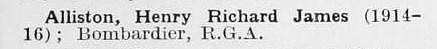 Alliston H R J Bmdr Royal Garrison Artillery