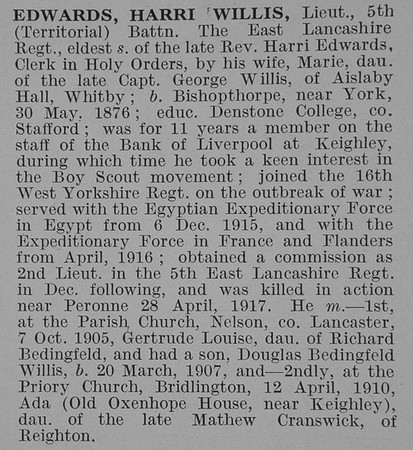 Edwards H W Lt 5th East Lancs Regiment Obit De Ruvignys Roll Of Honour Vol 3