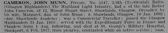 Cameron J M Pte 5547 9th Highland Light Infantry