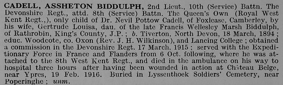 Cadell A B 2nd Lt 10th Devonshire Regiment