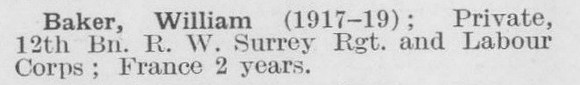 Baker W Pte 12th Queens Royal West Surrey Regiment (LCC Staff Architect's Department)