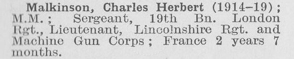 Malkinson C H Lt Machine Gun Corps