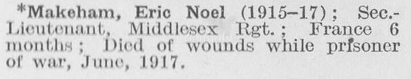 Makeham E N 2nd Lt Middlesex Regiment