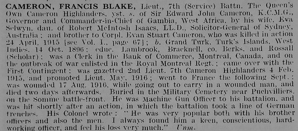 Cameron F B Lt 7th Cameron Highlanders