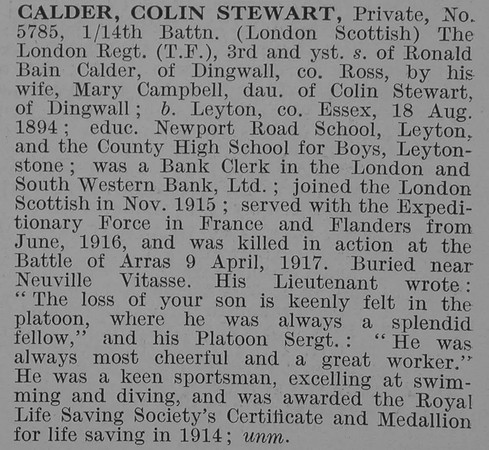 Calder C S Pte 14th London Regiment Obit De Ruvignys Roll Of Honour Vol 3
