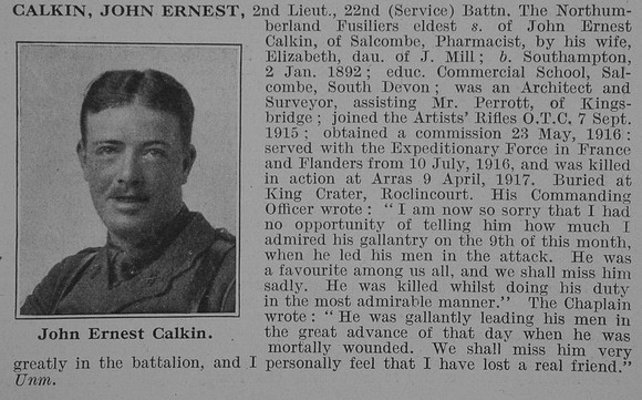 Calkin J E 2nd Lt 22nd Northumberland Fusiliers Obit De Ruvignys Roll Of Honour Vol 3