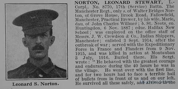 Norton L S LCpl 8770 17th Manchester Regiment Obit Part 1 De Ruvignys Roll Of Honour