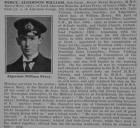 Percy A W Sub Lt HMS Quen Mary RNR Obit De Ruvignys Roll Of Honour Vol 2