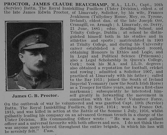Proctor J C B Captain 10th R Inniskilling Fus Obit De Ruvignys Roll Of Honour Vol 2