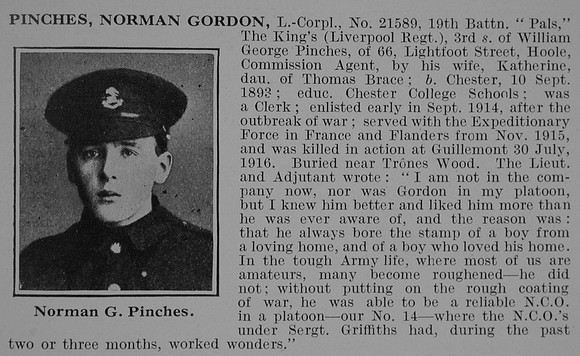 Pinches N G LCpl Obit 19th Kings Liverpool Regiment  De Ruvignys Roll Of Honour Vol 2