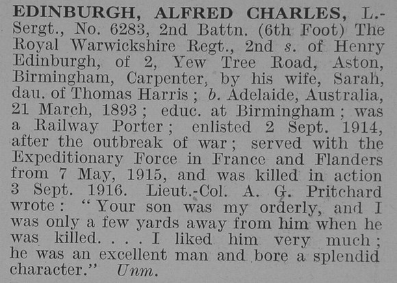 Edinburgh A C L/Sergt 2nd Royal Warwickshire Regiment Obit De Ruvignys Roll Of Honour Vol 3