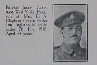 Clapham J Pte 9th West Riding Regt Craven Roll Of Honour