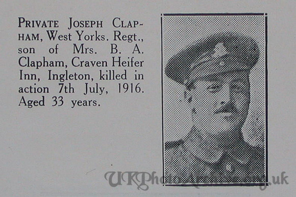 Clapham J Pte 9th West Riding Regt Craven Roll Of Honour