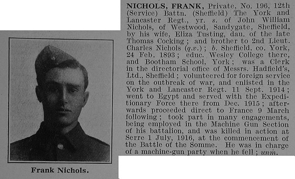 Nichols F Pte 12th York & Lancs Regiment Obit De Ruvignys Roll Of Honour Vol 3
