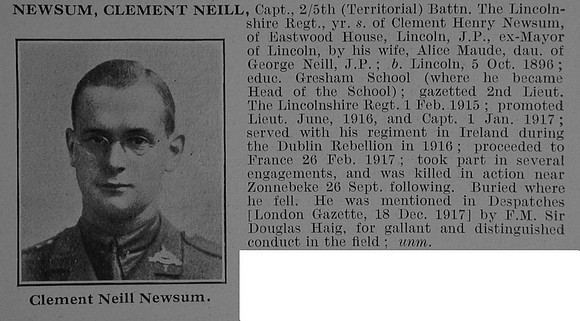 Newsum C N Captain 5th Lincolnshire Regiment Obit De Ruvignys Roll Of Honour Vol 3