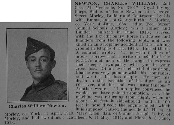 Newton C W 2nd Class Air Mech Royal Flying Corps Obit De Ruvignys Roll Of Honour Vol 3