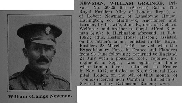 Newman W G Pte 9th Royal Fusiliers Obit De Ruvignys Roll Of Honour Vol 3