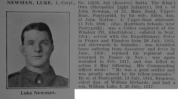 Newman L L/Cpl 3rd Shropshire Light Infantry Obit De Ruvignys Roll Of Honour Vol 3