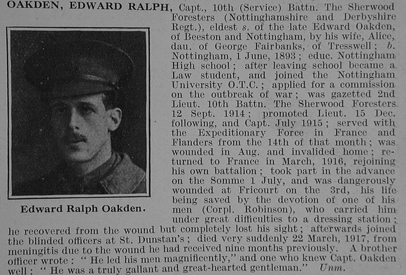 Oakden E R Captain 10th Notts & Derby Regiment Obit De Ruvignys Roll Of Honour Vol 3