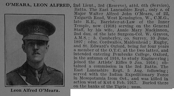 O'Meara L A 2nd Lt 3rd Attd 6th East Lancs Regiment Obit De Ruvignys Roll Of Honour Vol 3