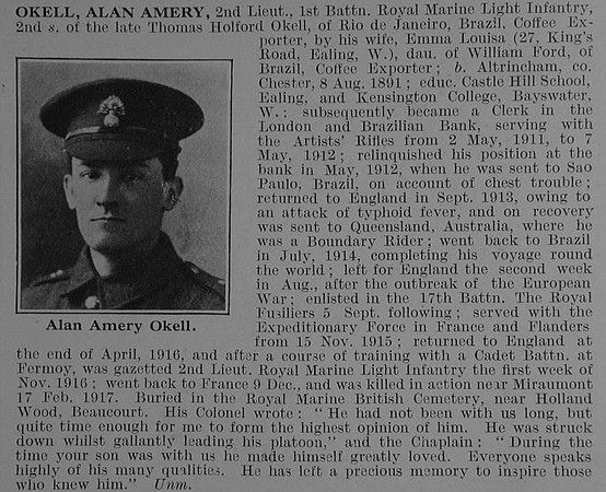 Okell A A 2nd Lt Royal Marine Light Infantry Obit De Ruvignys Roll Of Honour Vol 3