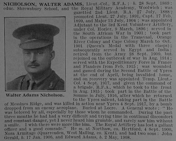 Nicholson W A Lt Col Royal Field Artillery Obit De Ruvignys Roll Of Honour Vol 3
