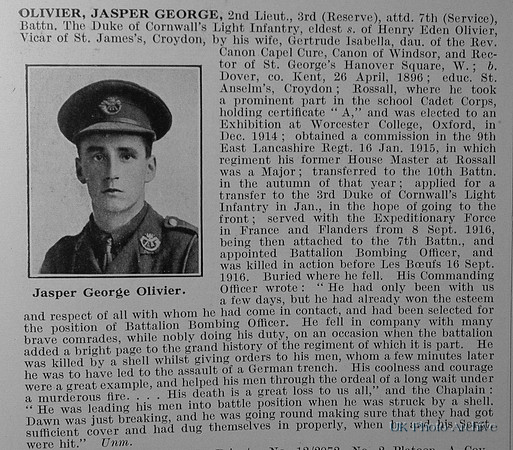 Olivier J G Lt 7th Duke Of Cornwall's Light Infantry Obit