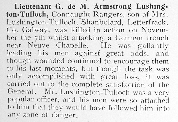 Armstrong-Lushington-Tulloch G de M Lt Connaught Rangers Obit