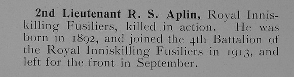 Aplin R S 2nd Lt Royal Inniskilling Fusiliers Obit
