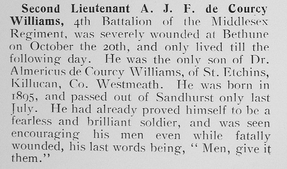 De Courcy Williams A J F 2nd Lt 4th Middlesex Regiment Obit