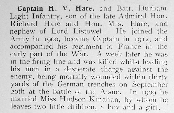 Hare H V Captain 2nd Durham Light Infantry Obit