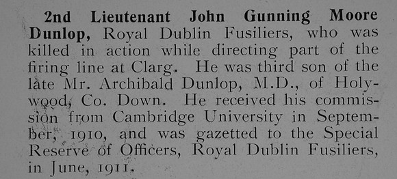 Dunlop J G M 2nd Lt Royal Dublin Fusilers Obit