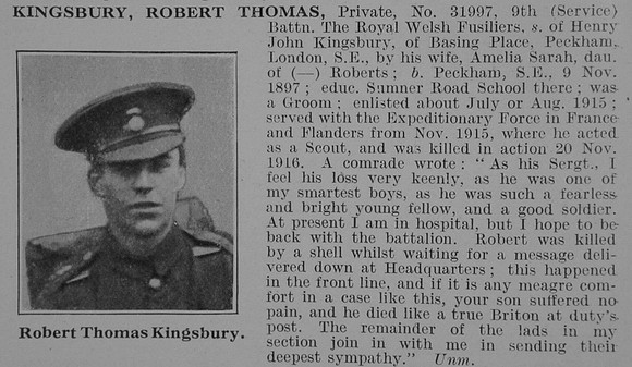 Kingsbury R T Pte 9th Royal Welsh Fusiliers Obit De Ruvignys Roll Of Honour Vol 3