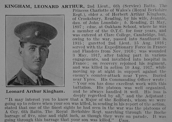 Kingham L A 2nd Lt 6th Royal Berkshire Regiment Obit De Ruvignys Roll Of Honour Vol 3