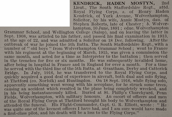 Kendrick H M 2nd Lt Royal Flying Corps Obit De Ruvignys Roll Of Honour Vol 3
